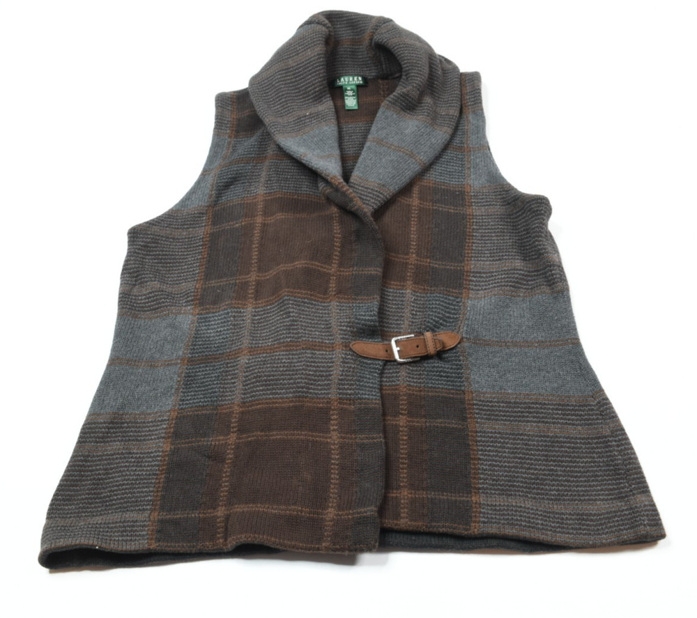 Lauren Ralph Lauren Shawl Collar Sweater Vest Womens XL Gray Brown Plaid Belted